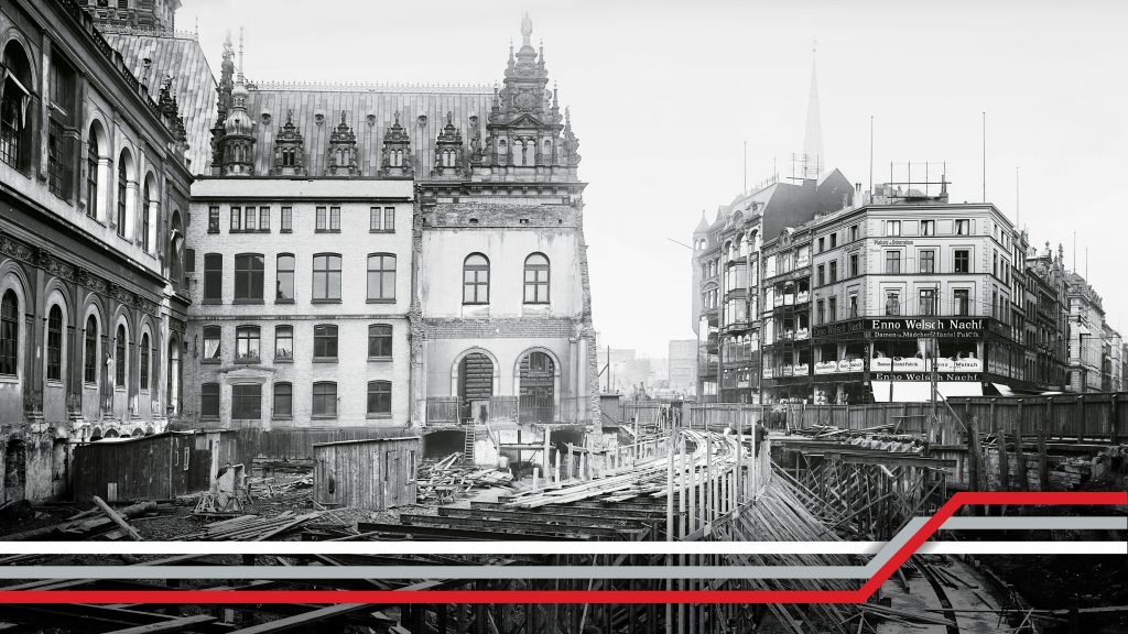 Motiv der 100-Jahre-Hochbahn Kampagne mit historischem Rathausmarkt