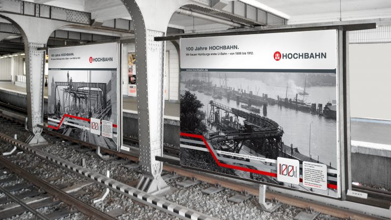 100 Jahre Jubiläum Werbung mit Großflächen-Plakaten für Hamburger Hochbahn