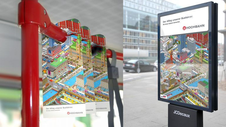 Bügelflyer und CLP mit Pixel-Illustration zur Hochbahn Busfahrer-Kampagne