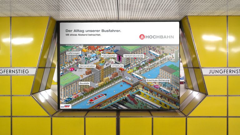 Grossflächen-Plakat mit Pixel-Illustration zur Hochbahn Busfahrer-Kampagne