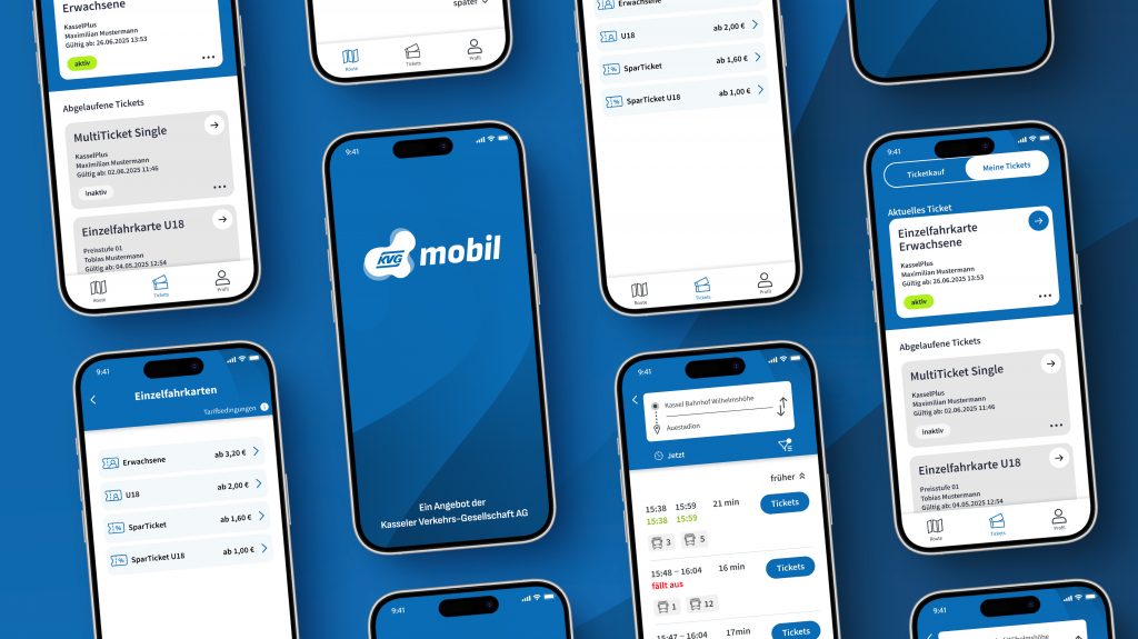 App-Design für ÖPNV Mobilitätsplattform KVGmobil der KVG Kassel