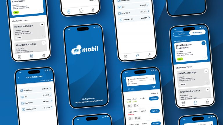App-Design für ÖPNV Mobilitätsplattform KVGmobil der KVG Kassel