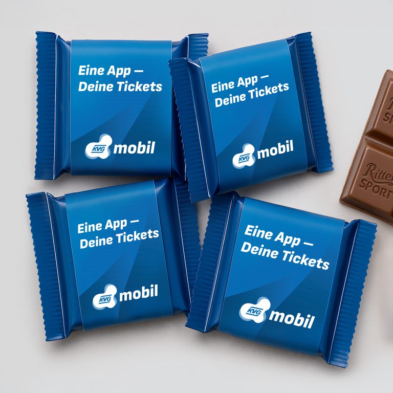 Schokoladen-Werbemittel-Design für ÖPNV Mobilitätsplattform KVGmobil der KVG Kassel